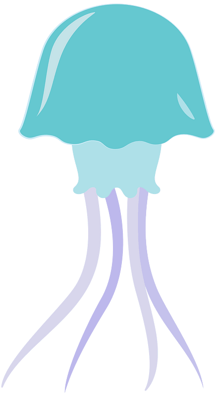 A stylized turquoise jellyfish with translucent bell and flowing lavender tentacles against a green background.