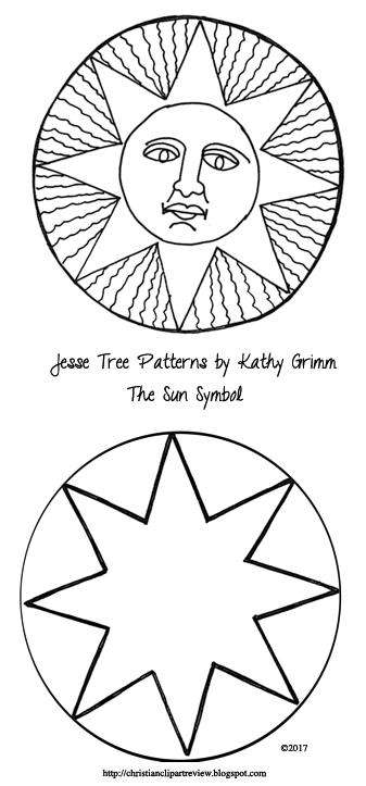 Black-and-white line art of a stylized sun symbol with a human face and radiating rays, plus a simplified geometric version below.