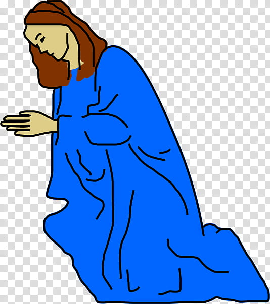 A cartoon-style illustration of Jesus kneeling in prayer, wearing a blue robe and brown hair and beard.