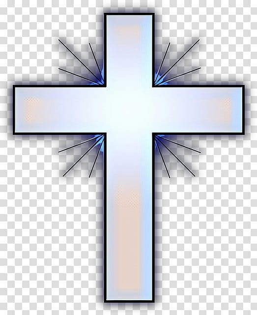 Glowing white Christian cross with radiant blue light beams and black outline on transparent background.
