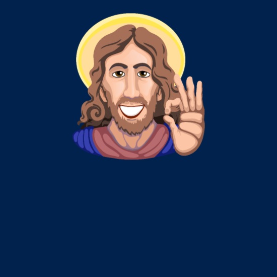 Cartoon-style Jesus with halo, smiling and making an OK gesture against a dark blue background.