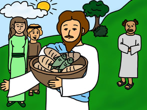 Jesus holding a basket of bread and fish, surrounded by disciples and onlookers in a green hillside setting.
