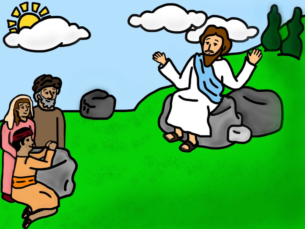 Jesus teaching on a hillside to three followers under a sunny sky with clouds and trees.