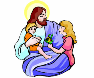 Jesus with halo embracing two children, one holding a flower, in a gentle, colorful illustration.
