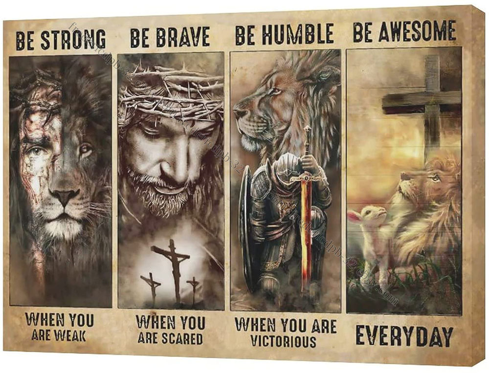 Four-panel Christian inspirational artwork: lion/Jesus imagery with motivational phrases-strong, brave, humble, awesome.
