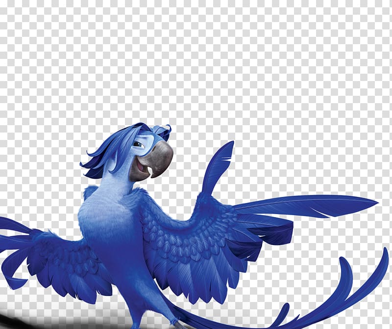 Animated blue macaw with expressive face and outstretched wings, mid-gesture against transparent background.