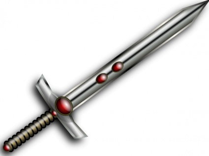 A silver fantasy sword with red gemstones embedded in the hilt and blade, set against a white background.