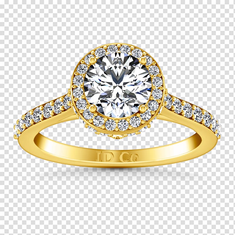 Luxurious yellow gold engagement ring with a central round diamond surrounded by a halo and pavé-set diamonds on the band.