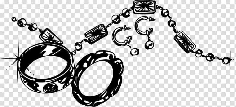 Black-and-white line drawing of ornate rings, beaded chain, and decorative charms on transparent background.