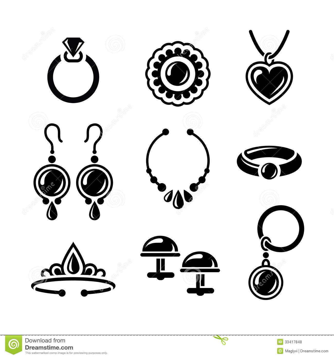 Black-and-white vector icons of jewelry including rings, earrings, necklaces, tiara, and cufflinks.