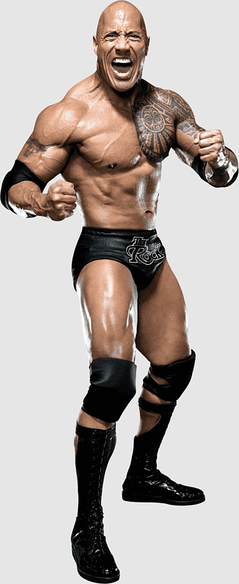 Dwayne "The Rock" Johnson in WWE wrestling attire, roaring with fists clenched, showcasing tattoos and muscular physique.