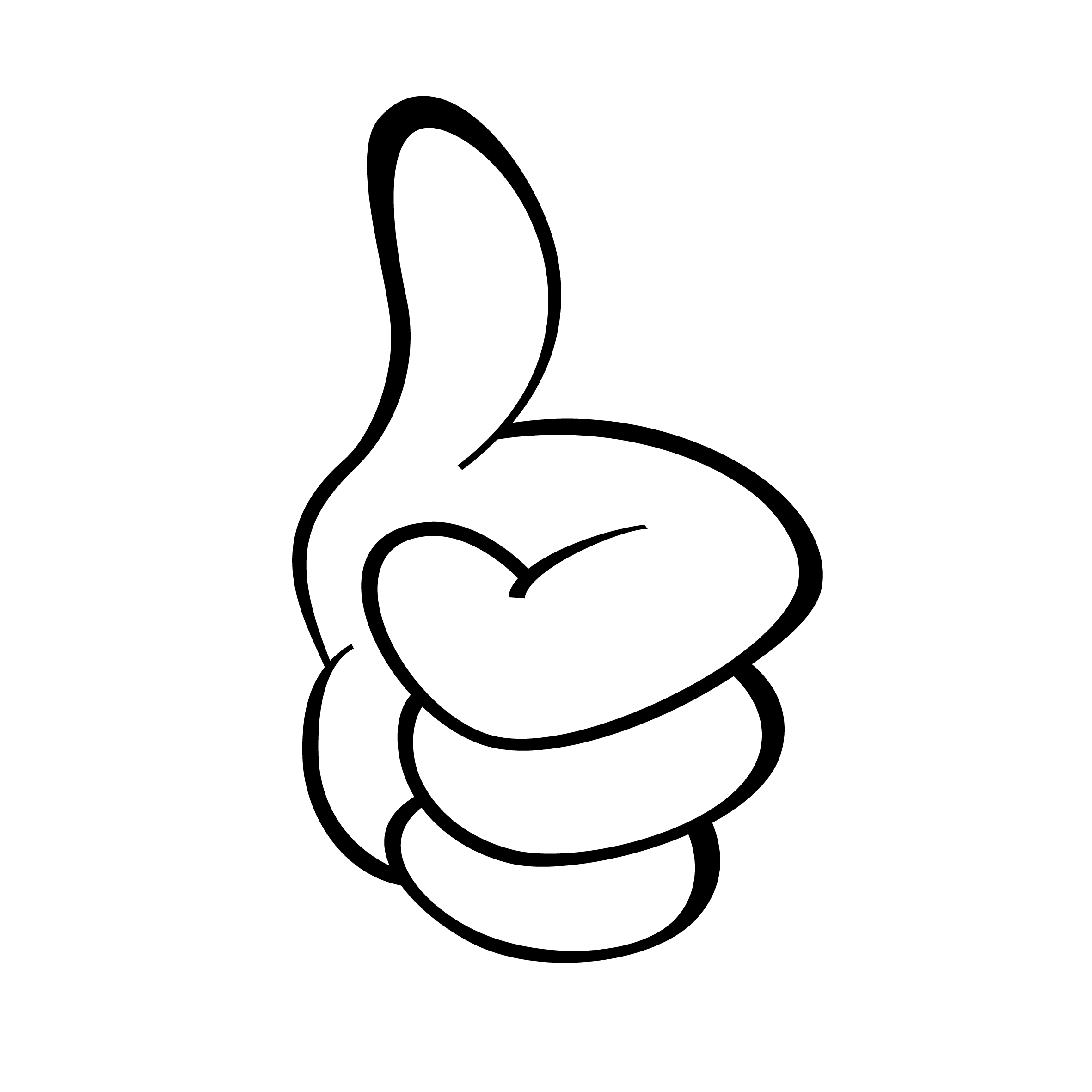 Black outline illustration of a cartoon-style hand giving a thumbs-up gesture.