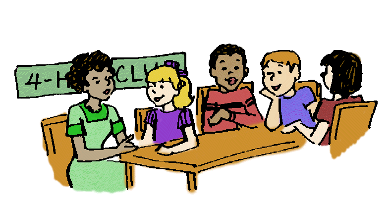 A teacher leads a diverse group of four students in a 4-H Club meeting around a table.