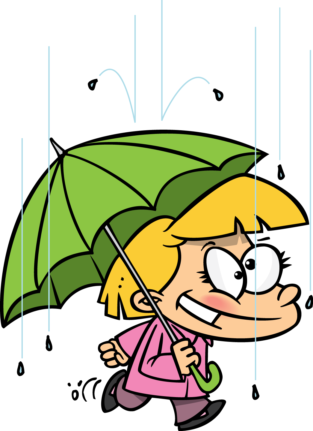Happy cartoon girl with blonde hair running in rain under a green umbrella, wearing pink coat and smiling.