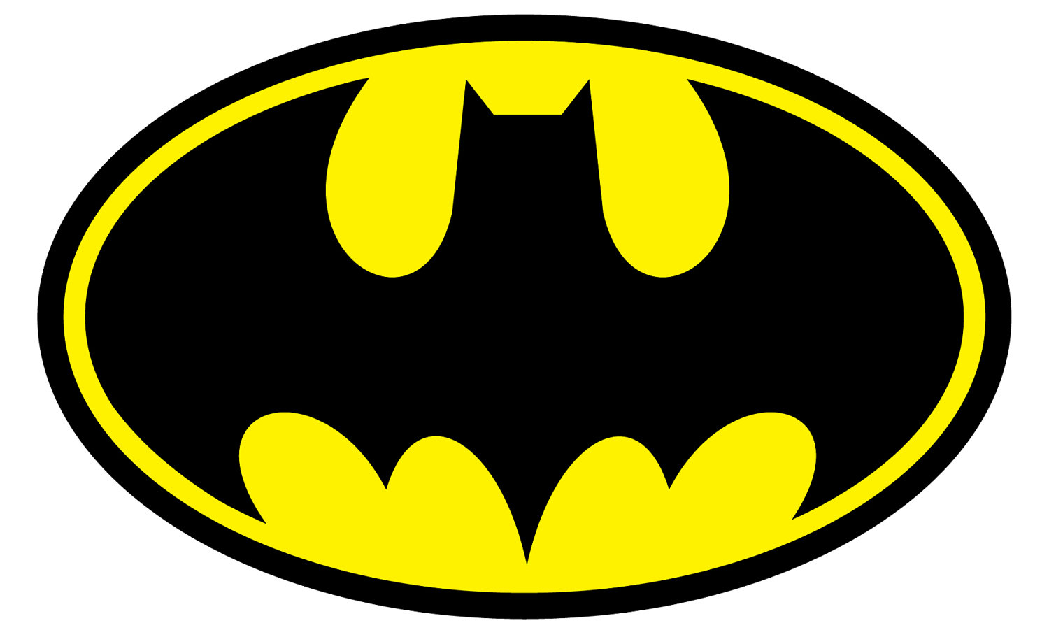 Classic Batman logo: black bat silhouette inside a yellow oval with black border.