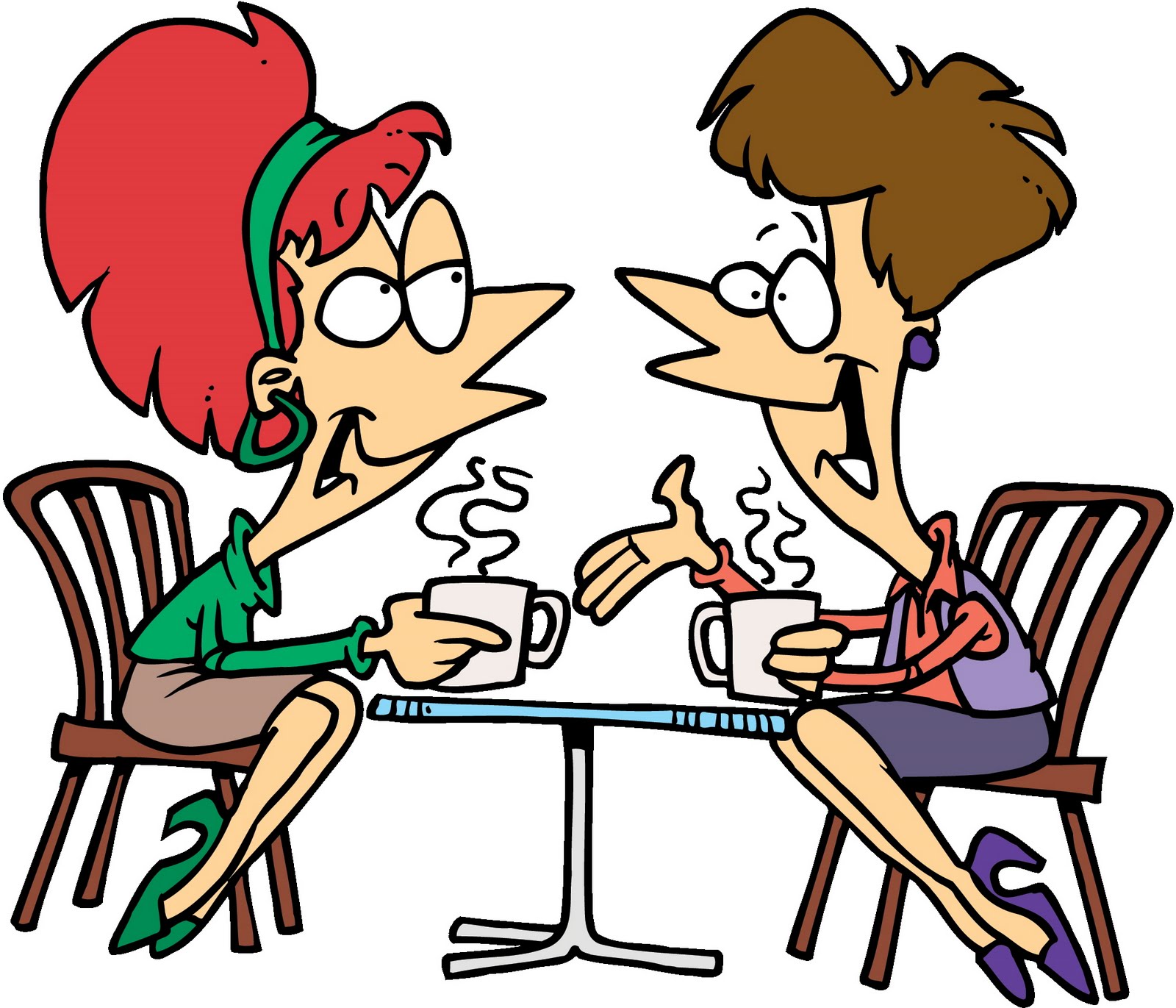 Two animated women chatting over steaming coffee cups at a small table, expressive faces and colorful outfits.