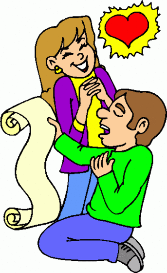 A man kneeling and proposing to a smiling woman holding a scroll, with a heart icon above them.