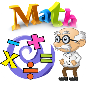Colorful "Math" logo with symbols, a swirling purple background, and a cartoon professor character.