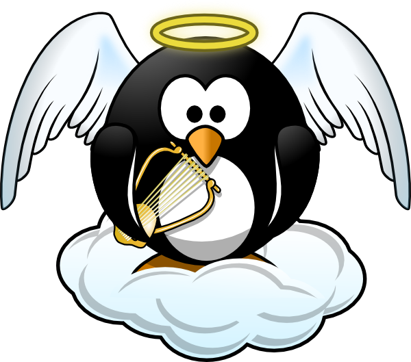 Angelic penguin with halo, wings, and harp sitting on a cloud.
