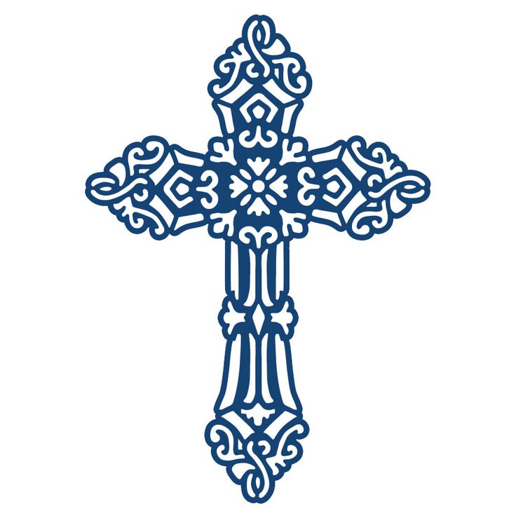 Ornate blue filigree cross with intricate floral and geometric patterns on white background.