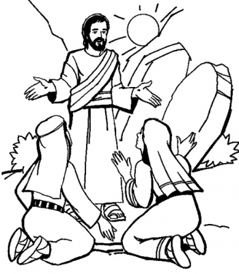 Jesus standing with outstretched arms as two disciples kneel before him in worship, sun rising behind rocky terrain.