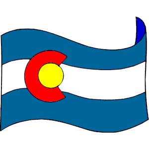 Waving Colorado state flag with blue, white, and red stripes and a red letter C enclosing a golden disk.