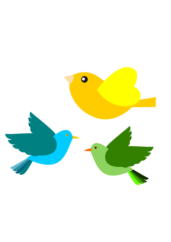 Three colorful cartoon birds-yellow, blue, and green-in flight against a black background.