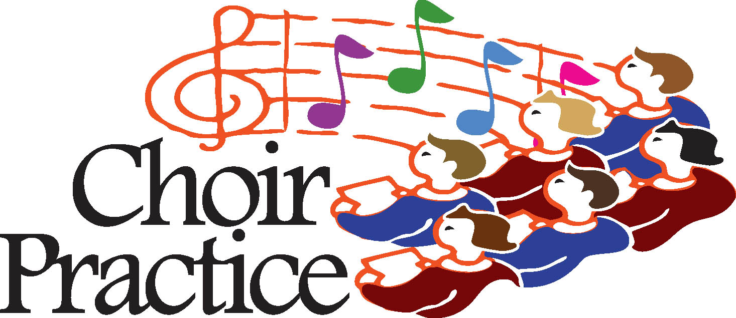Colorful illustration of a choir singing with musical notes and a treble clef above the text "Choir Practice".