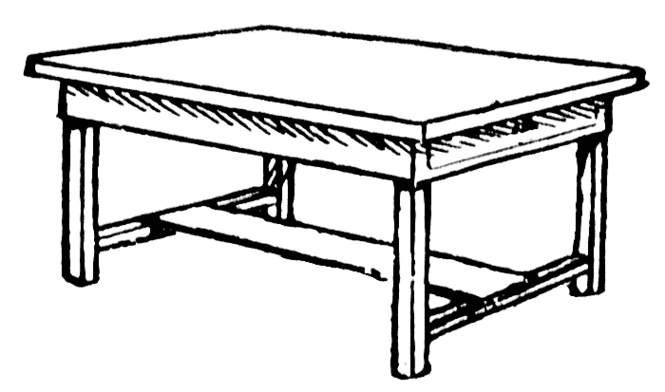 Line drawing of a rectangular wooden table with four legs and a lower shelf, showing classic joinery details.