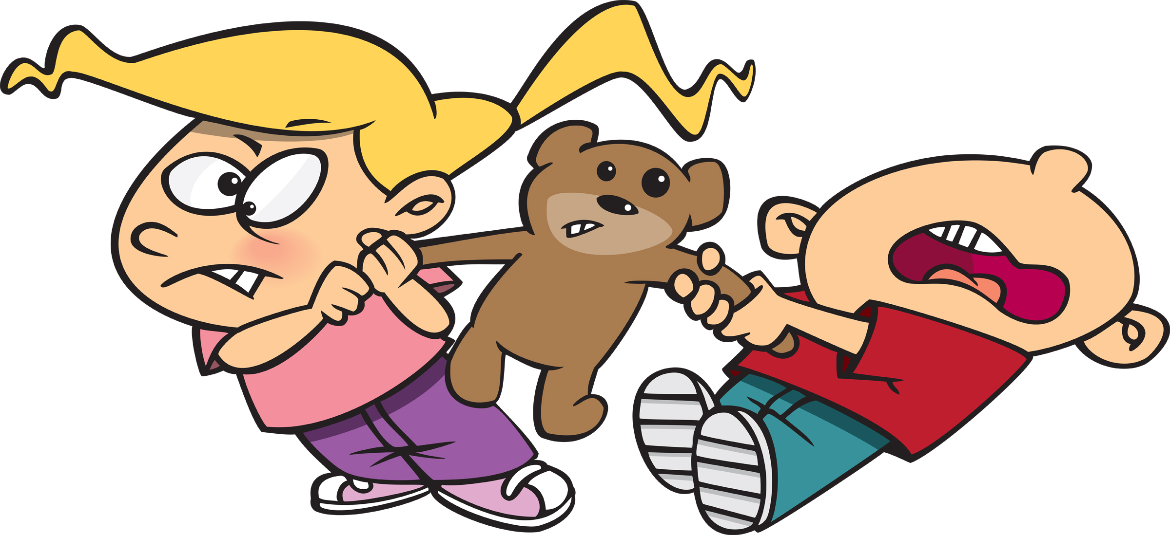Two cartoon children fiercely pulling a teddy bear in opposite directions, expressing anger and distress.