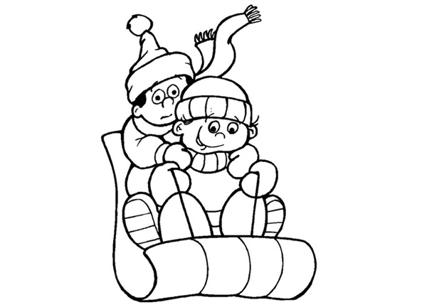 Two children in winter hats and scarves joyfully sledding down a hill on a classic sled.