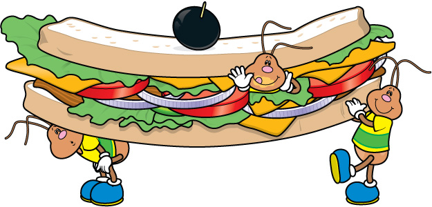 Three cartoon ants carrying a giant sandwich with lettuce, tomato, cheese, onion, and an olive on top.