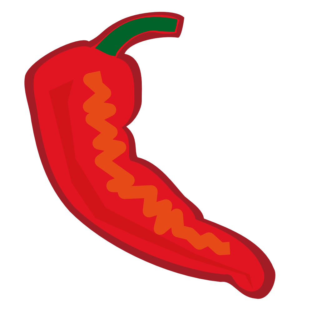 Vibrant red chili pepper with green stem and zigzag heat pattern, stylized illustration.