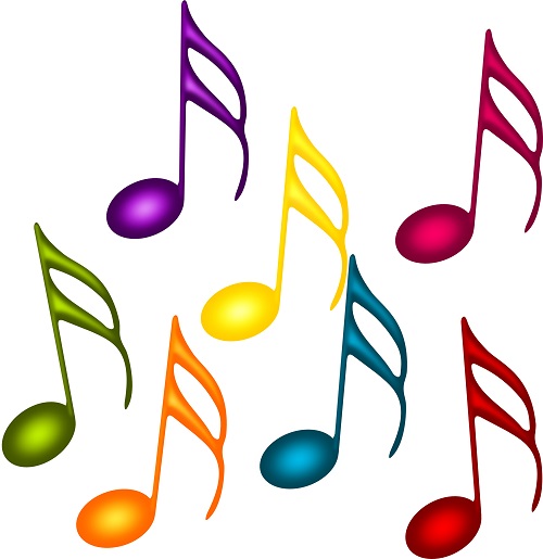 Eight vibrant, multicolored musical eighth notes scattered on a white background.