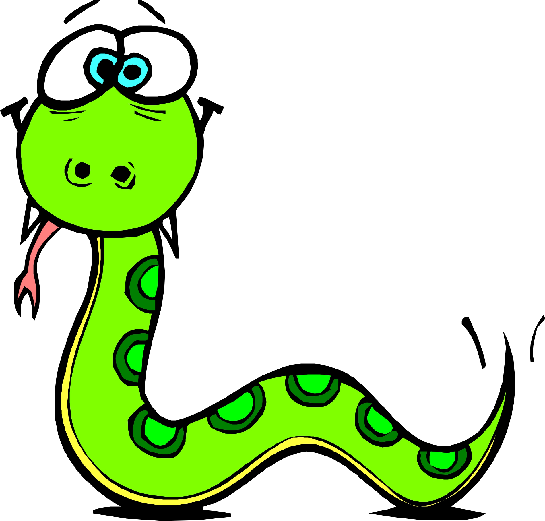 Cheerful green cartoon snake with big blue eyes, pink tongue, and spotted body curving playfully.