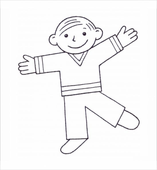 Smiling cartoon boy with outstretched arms and one leg lifted, wearing striped sweater and pants, ready to hug or dance.