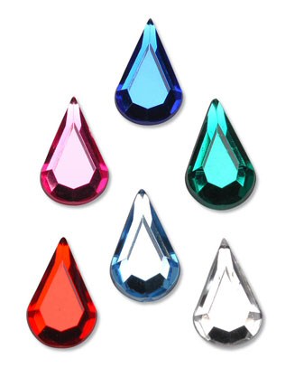 Seven faceted teardrop-shaped gemstones in red, pink, blue, teal, clear, and silver on white background.