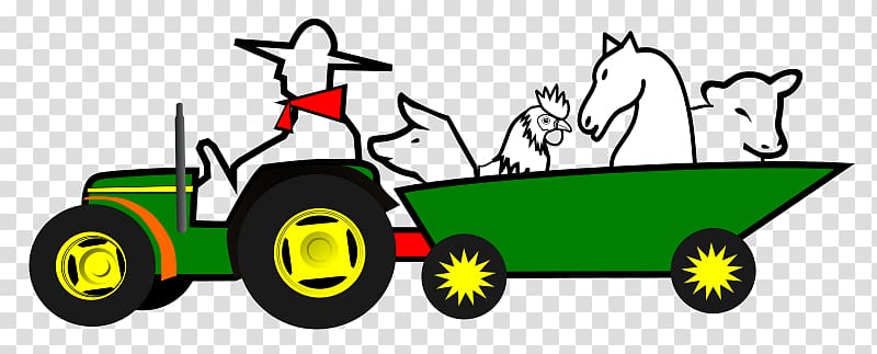 Farmer driving a green tractor pulling a wagon with farm animals: horse, sheep, pig, and rooster.