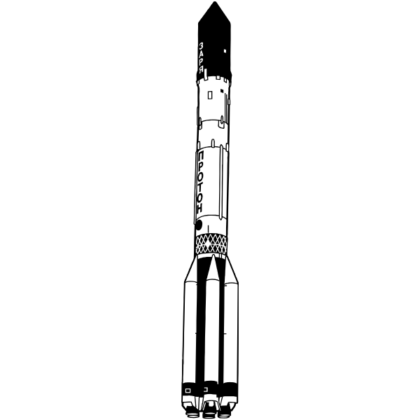 Black-and-white line drawing of a Soyuz rocket with Cyrillic text, showing boosters, core stage, and payload fairing.