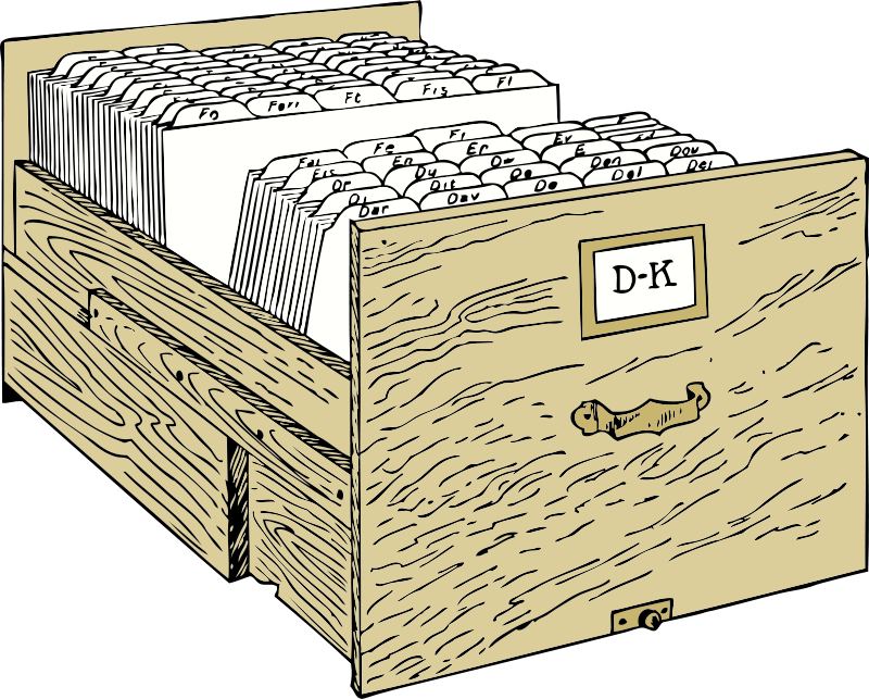 Wooden card catalog drawer labeled D-K, open to reveal alphabetically sorted index cards.