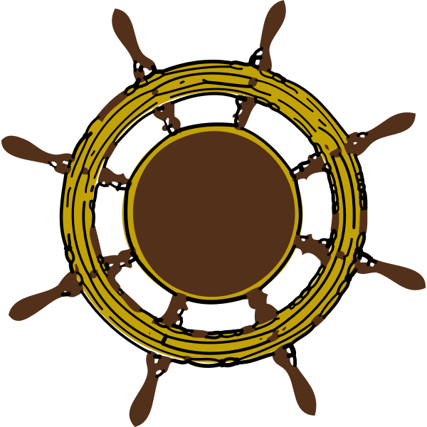 A stylized ship's wheel with golden rim, brown spokes, and a central hub, rendered in a hand-drawn, nautical illustration style.