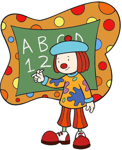 A cheerful cartoon teacher with red hair and paint-splattered clothes points to a chalkboard showing ABC and 12.