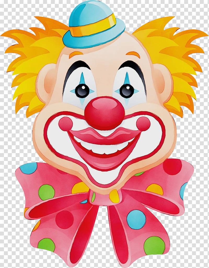 Cheerful cartoon clown with yellow hair, red nose, blue hat, and polka-dot bowtie smiling broadly.