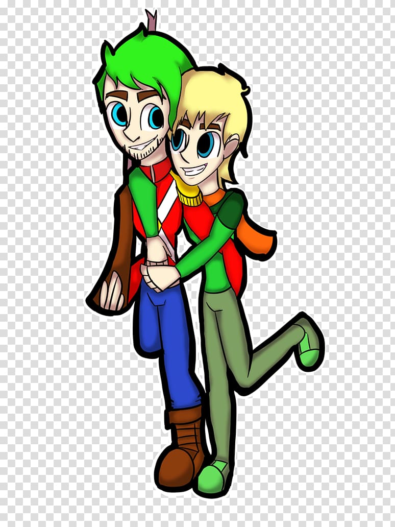 Two cheerful cartoon characters embracing-one with green hair and red jacket, the other blond with green outfit-on transparent background.
