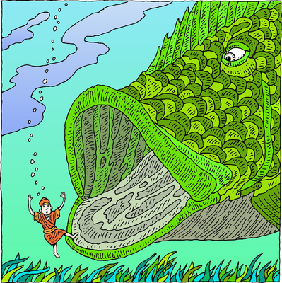 A cartoon-style illustration of a giant green fish with its mouth open, about to swallow a small person in an orange robe underwater.