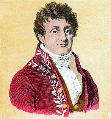 Portrait of a young man in early 19th-century attire: red embroidered coat, white cravat, curly dark hair.