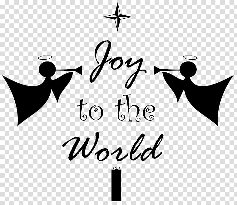 Black-and-white Christmas graphic with "Joy to the World" text, two angels blowing trumpets, a star, and a candle.