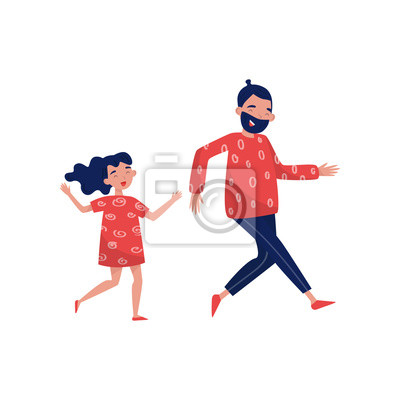 A joyful father and daughter in matching red patterned outfits dancing together, smiling with motion lines indicating movement.