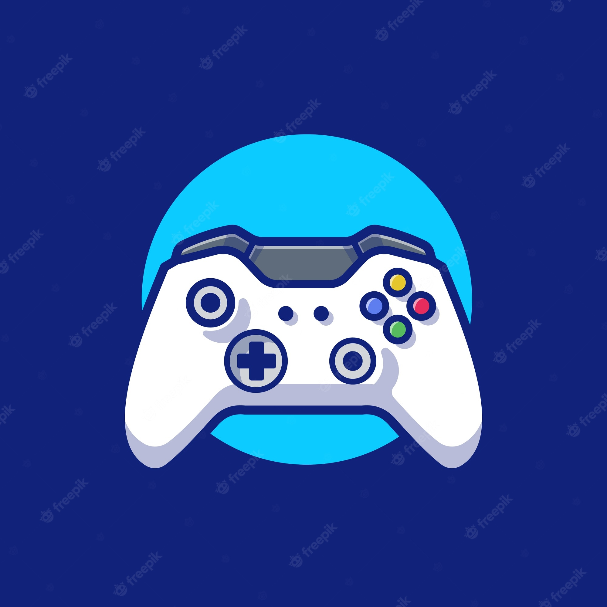 White gaming controller with colorful buttons against a blue circular background, stylized flat design.