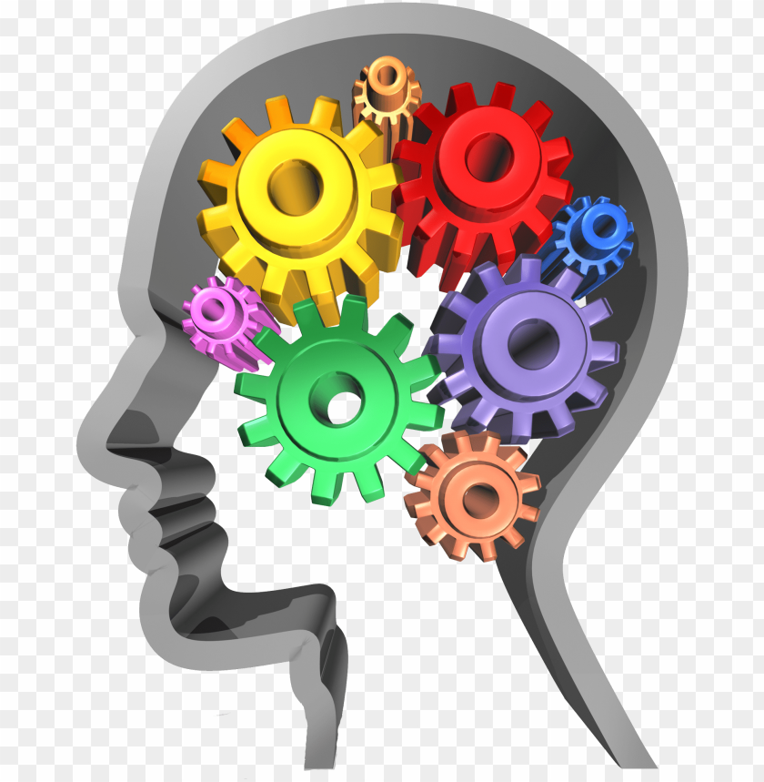 Silhouette of a human head filled with colorful interlocking gears symbolizing cognitive processes and mental mechanics.